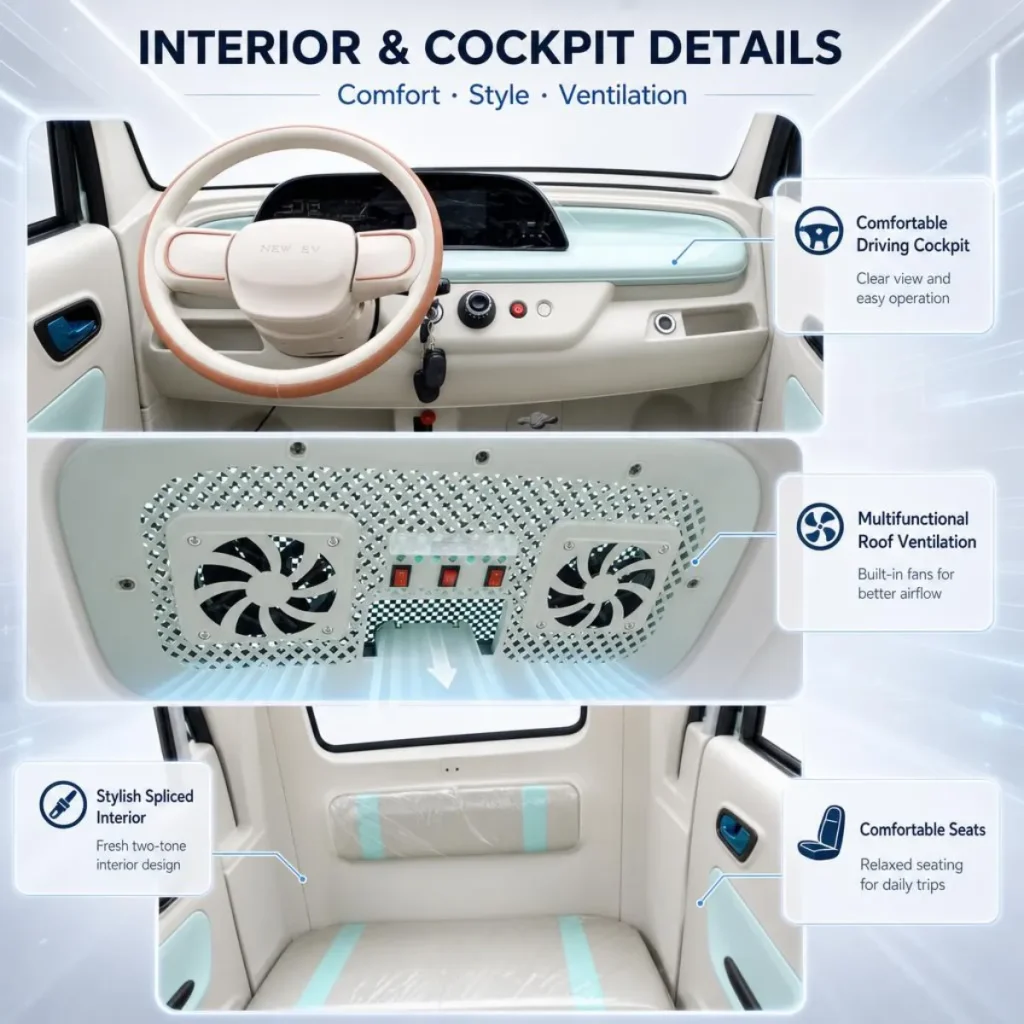 Small enclosed electric vehicle interior details, comfortable driving cockpit, stylish two-tone interior, comfortable seating and multifunctional roof ventilation