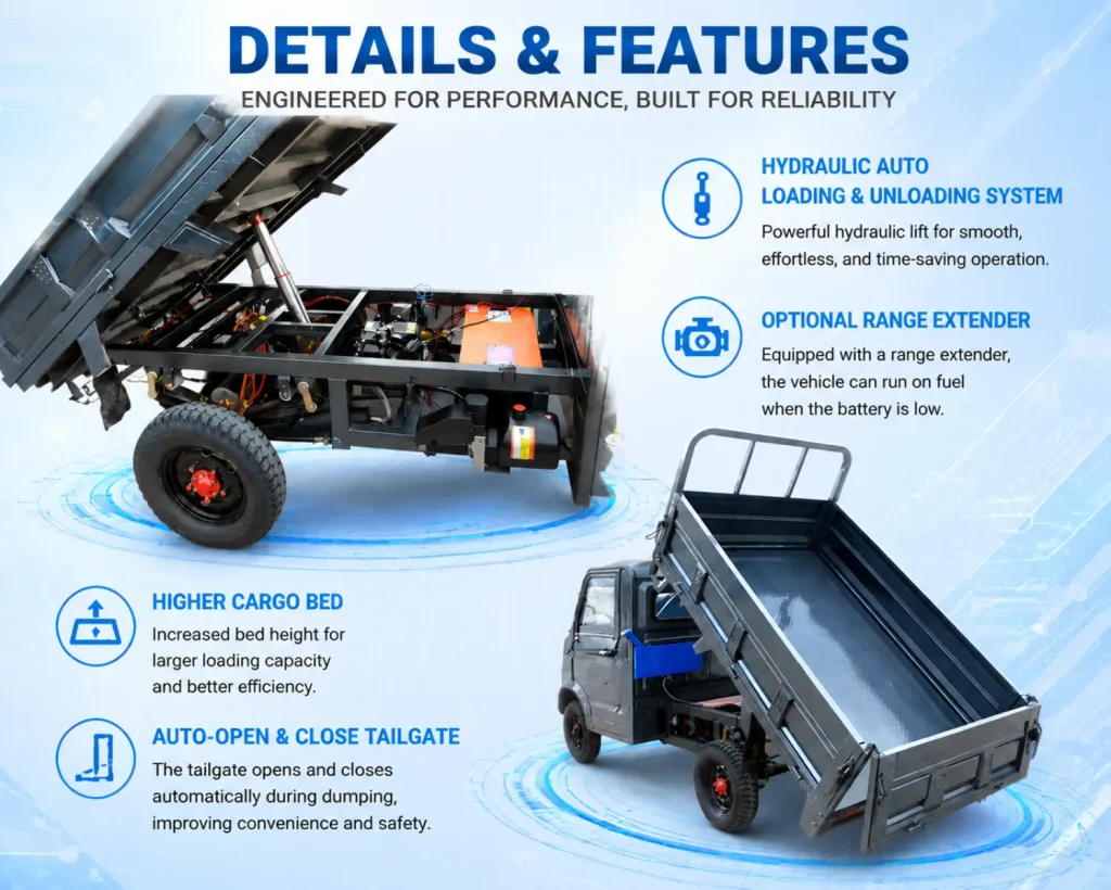 Electric dumper with automatic hydraulic dumping, range extender option, high-sided cargo body and automatic body tipping