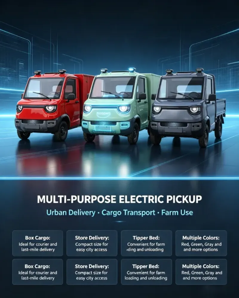 Multi-purpose electric pickup for courier delivery, store delivery, farm transport and multiple color options