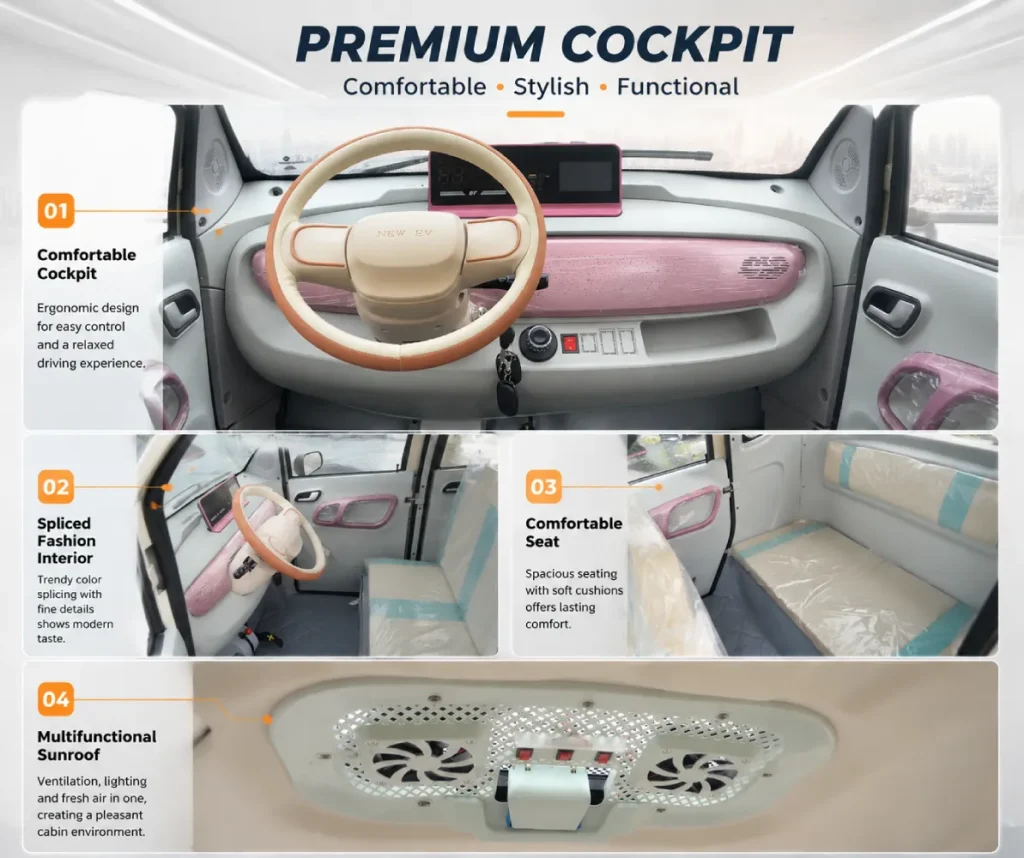 Electric vehicle interior features including comfortable driving cabin, stylish two-tone trim, comfortable seating and multifunctional sunroof
