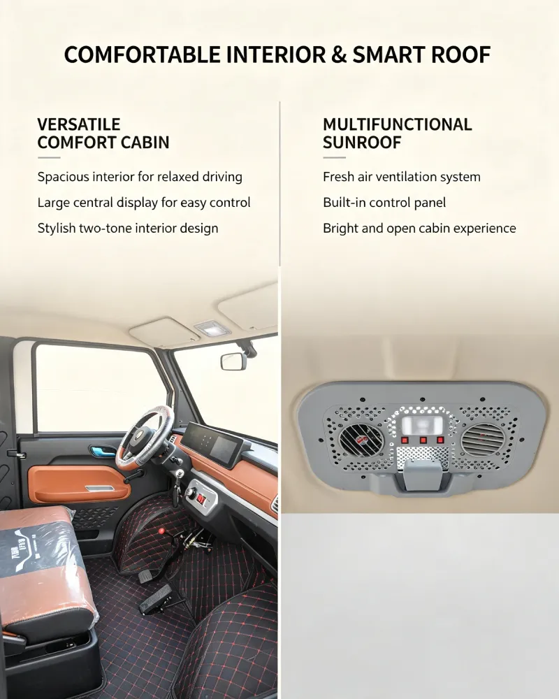 Comfortable interior cabin and multifunctional sunroof for electric pickup truck