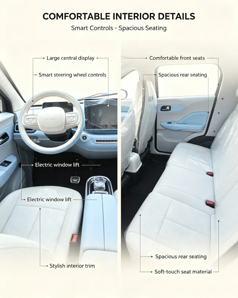 Comfortable interior details including large display, smart controls, electric windows and spacious seating