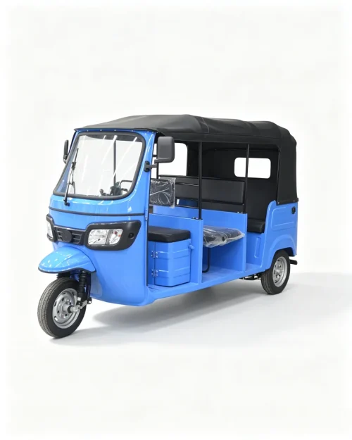 Open body electric tuk tuk auto rickshaw, blue 3‑wheel passenger tricycle with canopy and comfortable seats