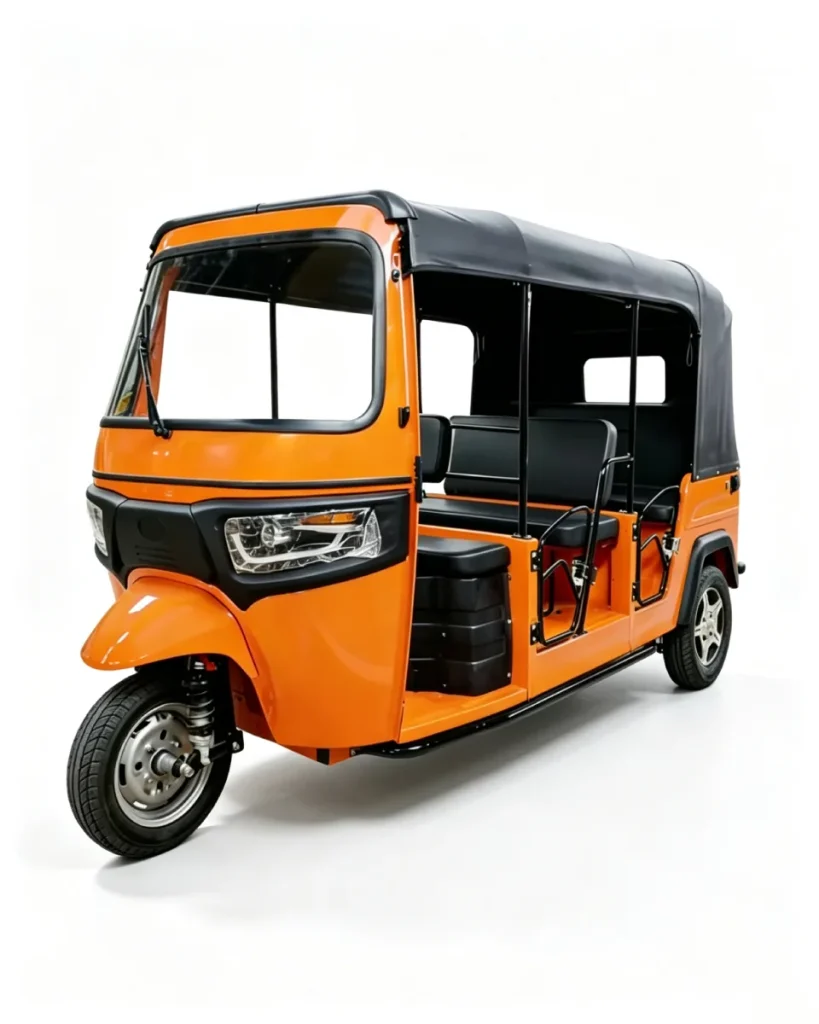 Open body electric tuk tuk auto rickshaw, blue 3‑wheel passenger tricycle with canopy and comfortable seats