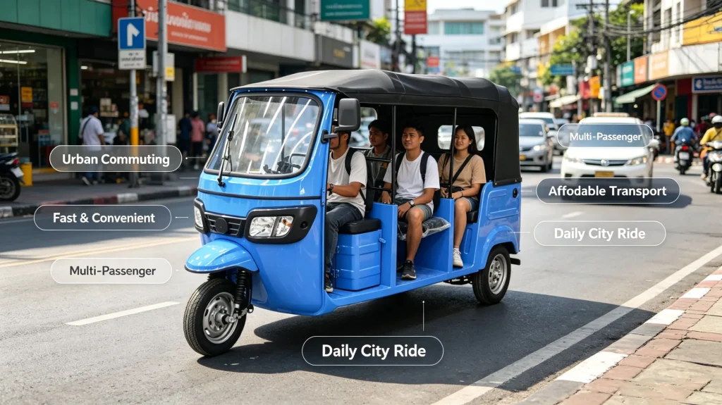 Electric tuk tuk urban commute scene, 3 wheel passenger electric tricycle for convenient multi-passenger daily transport