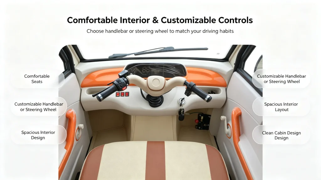 Electric tricycle interior with comfortable seats, customizable handlebar or steering wheel, spacious cabin layout for urban commuting