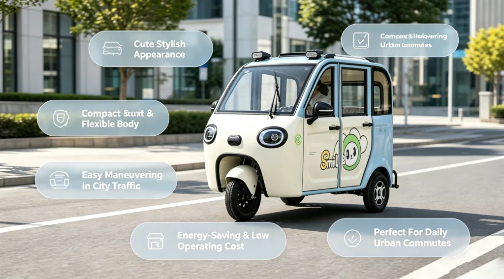 Cute compact appearance, small flexible body for easy city weaving, energy‑saving and cost‑effective, enclosed 3‑wheel electric tricycle for daily urban commuting