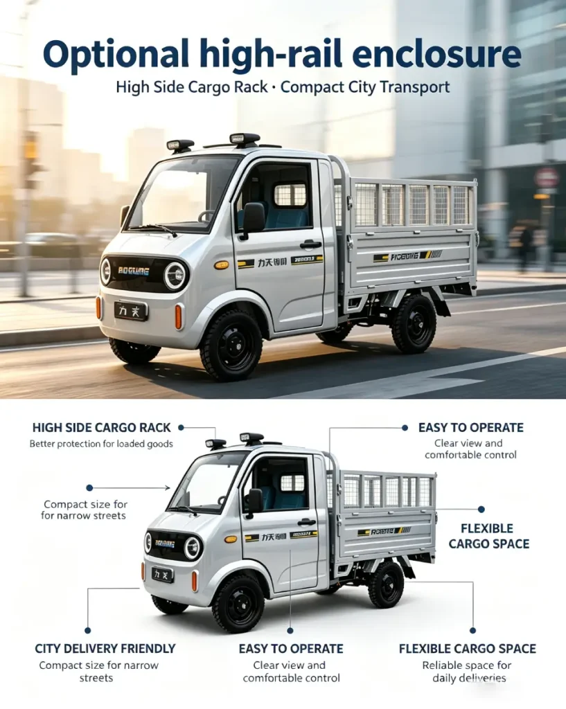 Litian small electric cargo truck with high side cargo rack, urban delivery solution, compact city transport, easy operation and flexible cargo space
