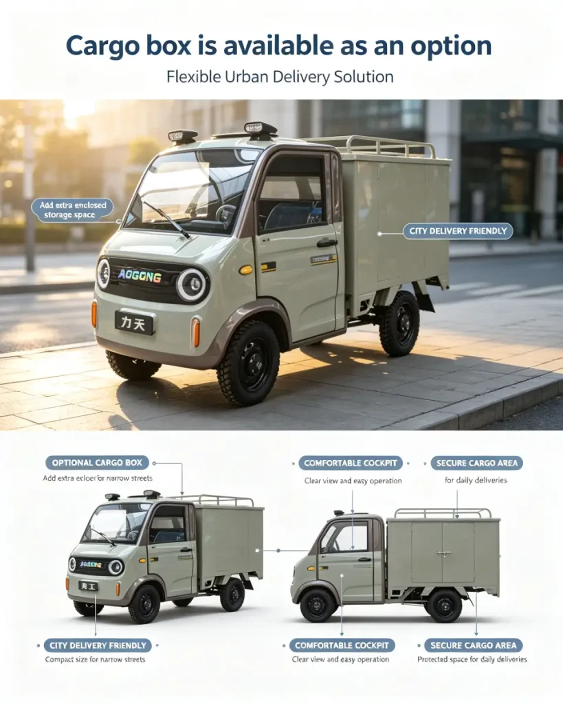 Litian small electric cargo truck with optional cargo box, flexible urban delivery solution, compact city transport, comfortable cockpit and secure cargo area